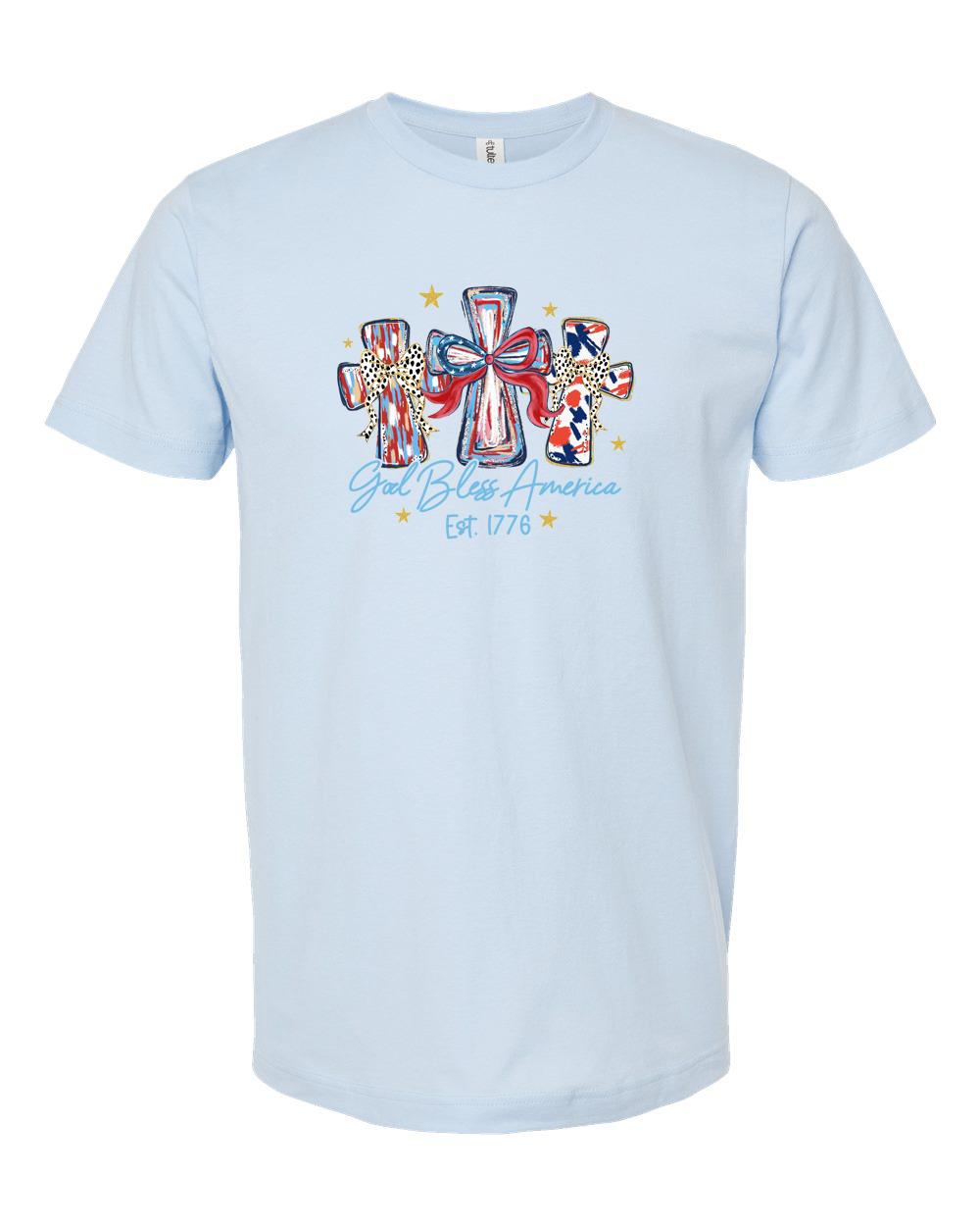 God Bless America Cross (Blue Script) Tee - Unisex Fine Jersey T-Shirt